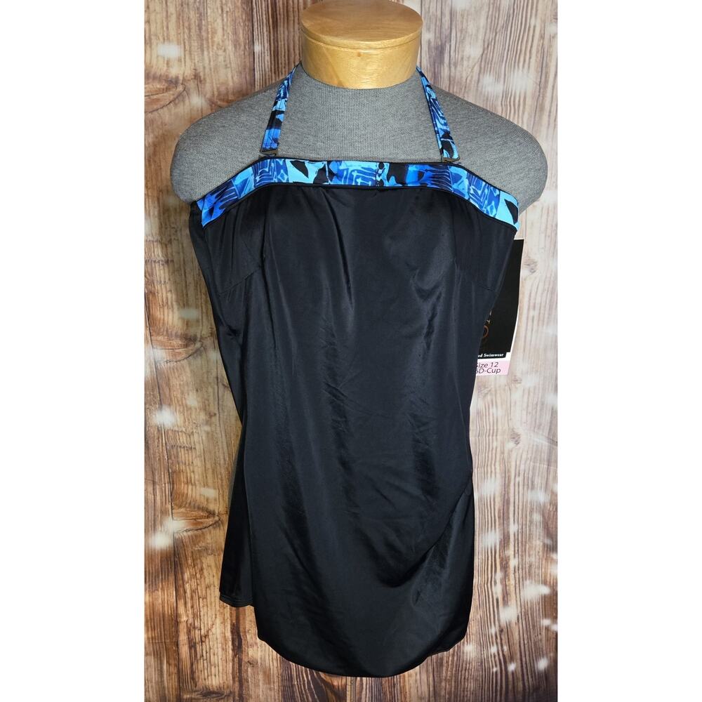 Roxanne Swimwear One Piece Suite Black w Blue Accent Halter and built in skirt